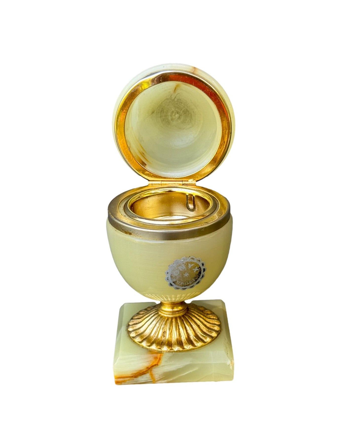 Vintage Onyx Egg Jewelry Box, Yellow White Onyx with Gold Base, 1970s Trinket Box