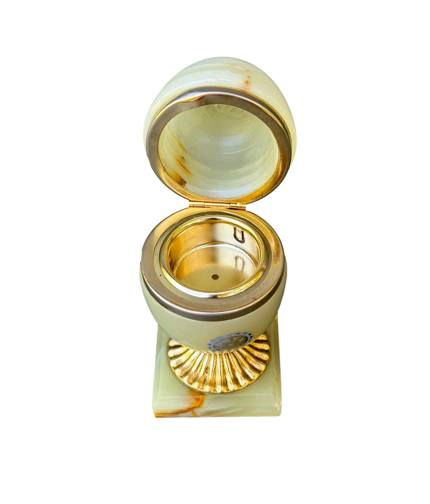 Vintage Onyx Egg Jewelry Box, Yellow White Onyx with Gold Base, 1970s Trinket Box