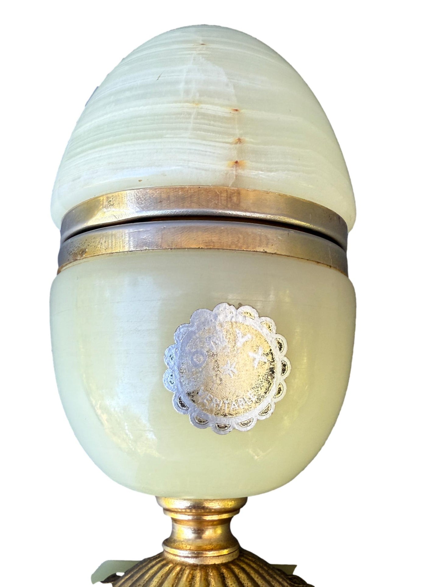Vintage Onyx Egg Jewelry Box, Yellow White Onyx with Gold Base, 1970s Trinket Box