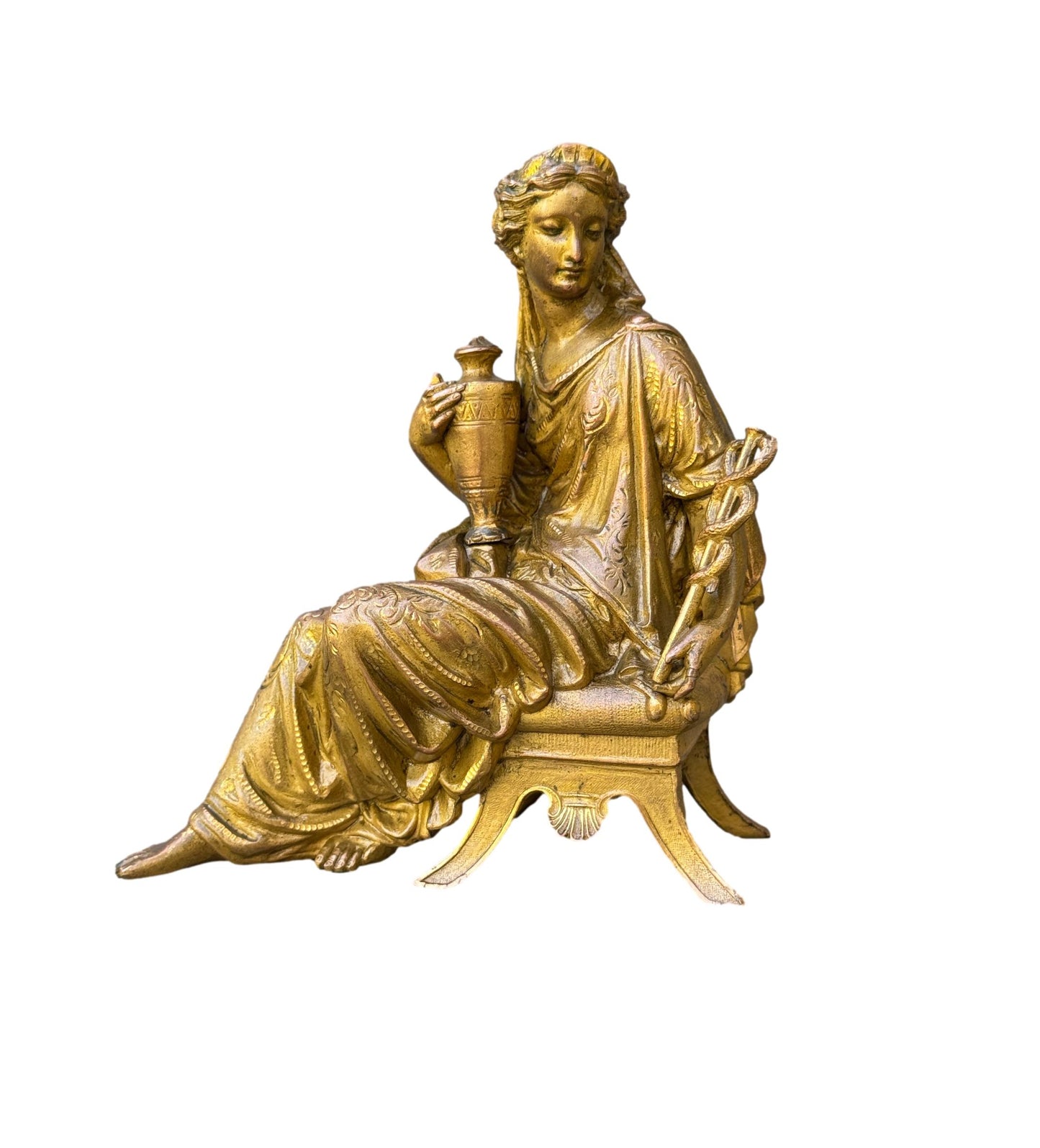 Antique French gilded spelter statue of seated woman – Allegory of Commerce holding caduceus and amphora – 19th century