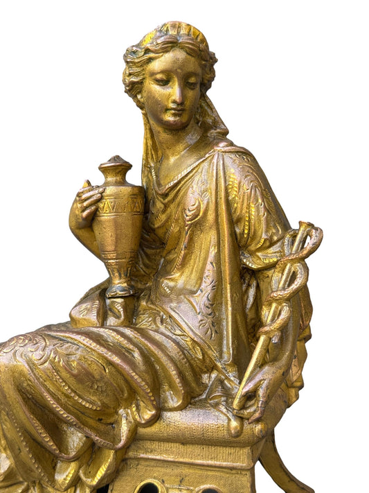 Antique French gilded spelter statue of seated woman – Allegory of Commerce holding caduceus and amphora – 19th century