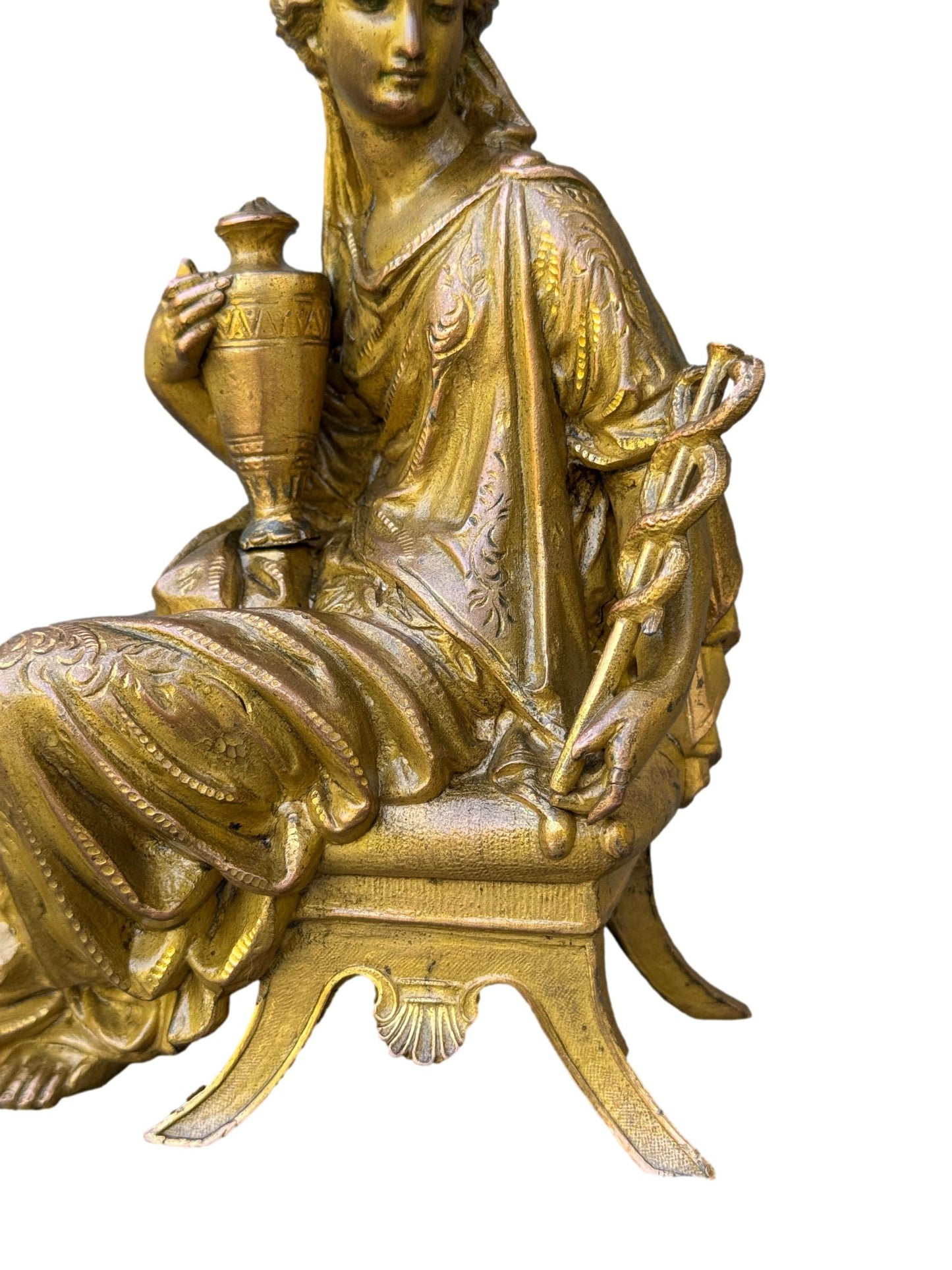 Antique French gilded spelter statue of seated woman – Allegory of Commerce holding caduceus and amphora – 19th century