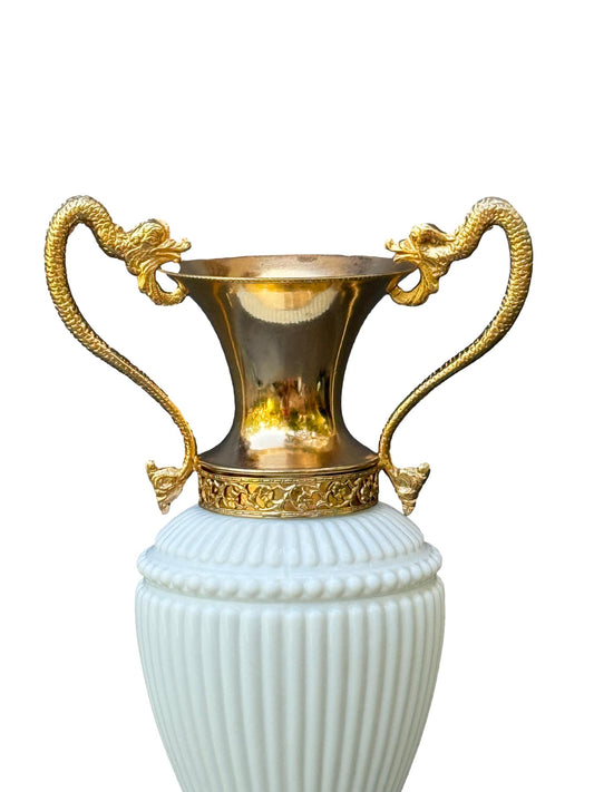 Vintage Empoli white opaline glass vase with gilt dragon handles, 1970s neoclassical Empire style