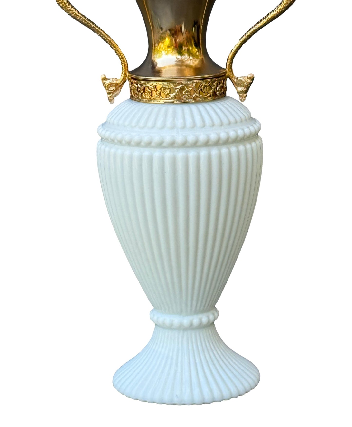 Vintage Empoli white opaline glass vase with gilt dragon handles, 1970s neoclassical Empire style