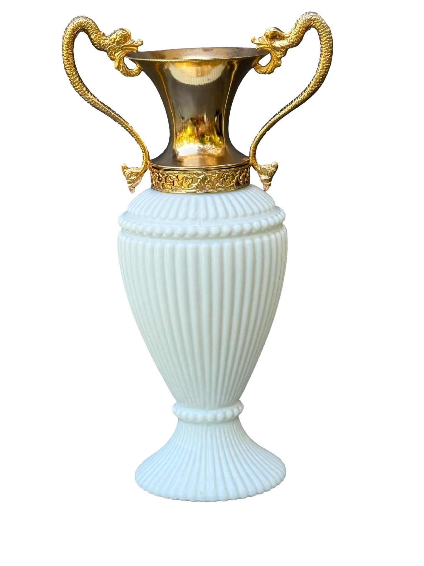 Vintage Empoli White Opaline Vase – Gilt Chimera Handles – 1970s