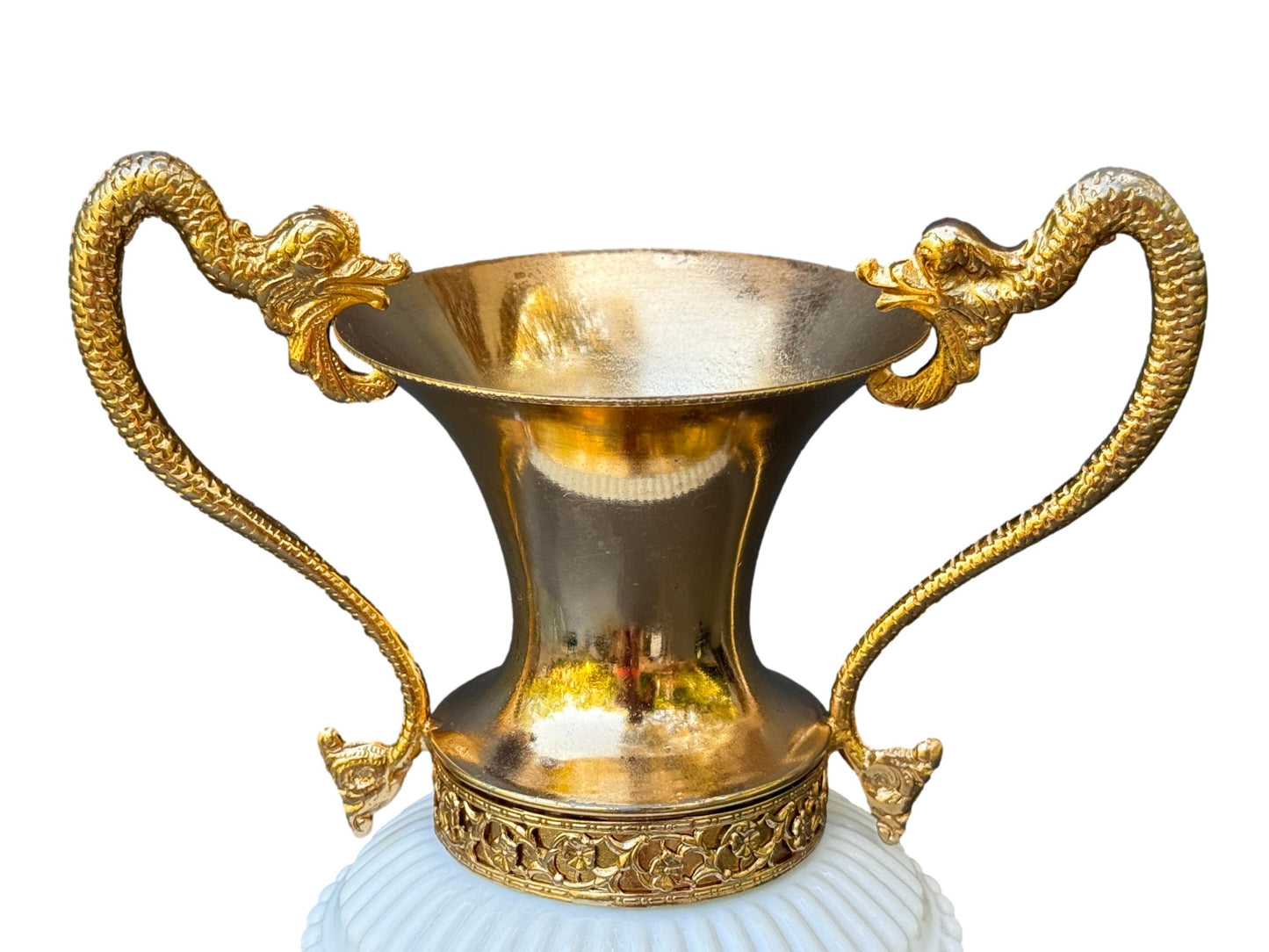 Vintage Empoli White Opaline Vase – Gilt Chimera Handles – 1970s