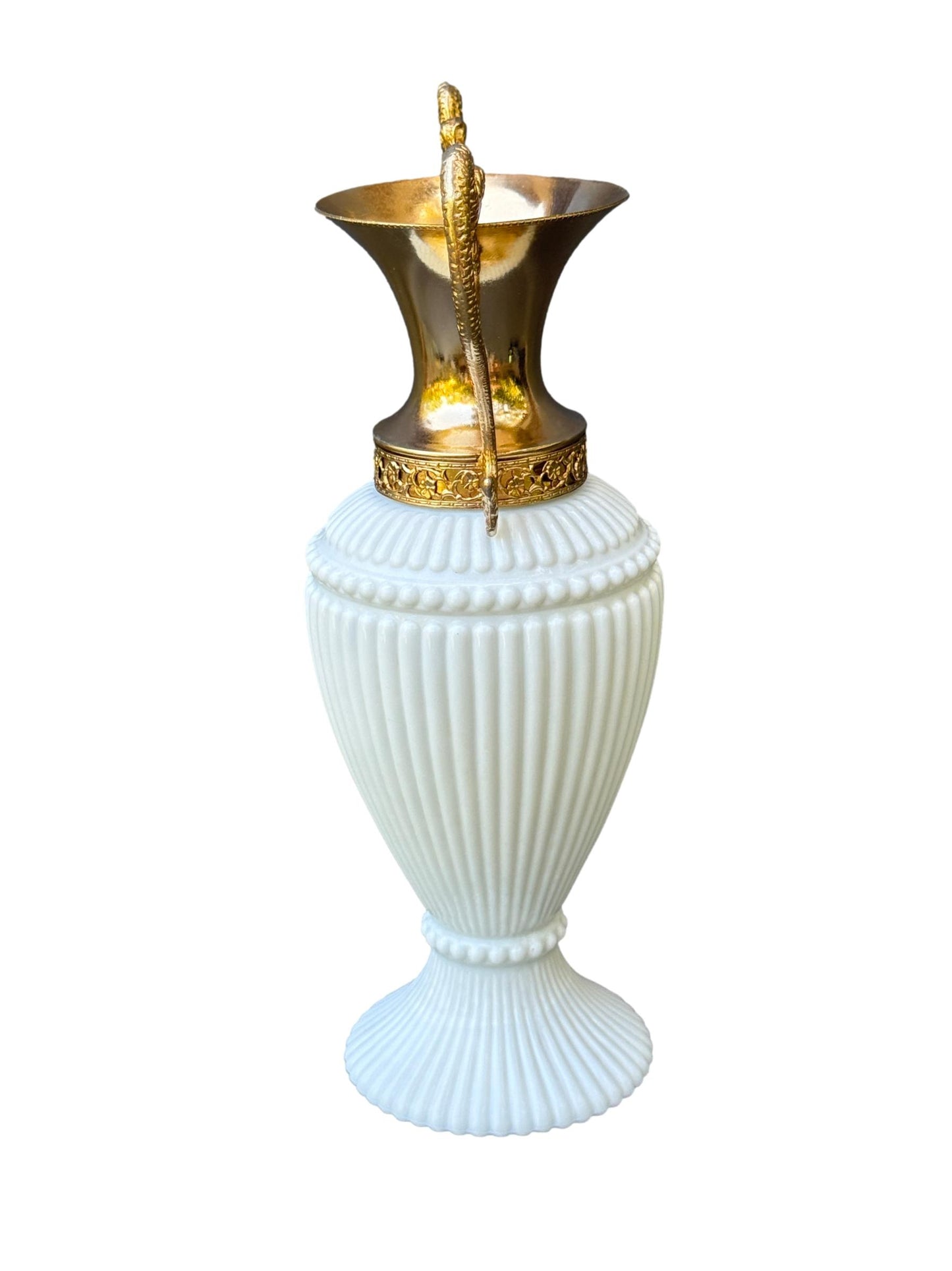 Vintage Empoli White Opaline Vase – Gilt Chimera Handles – 1970s