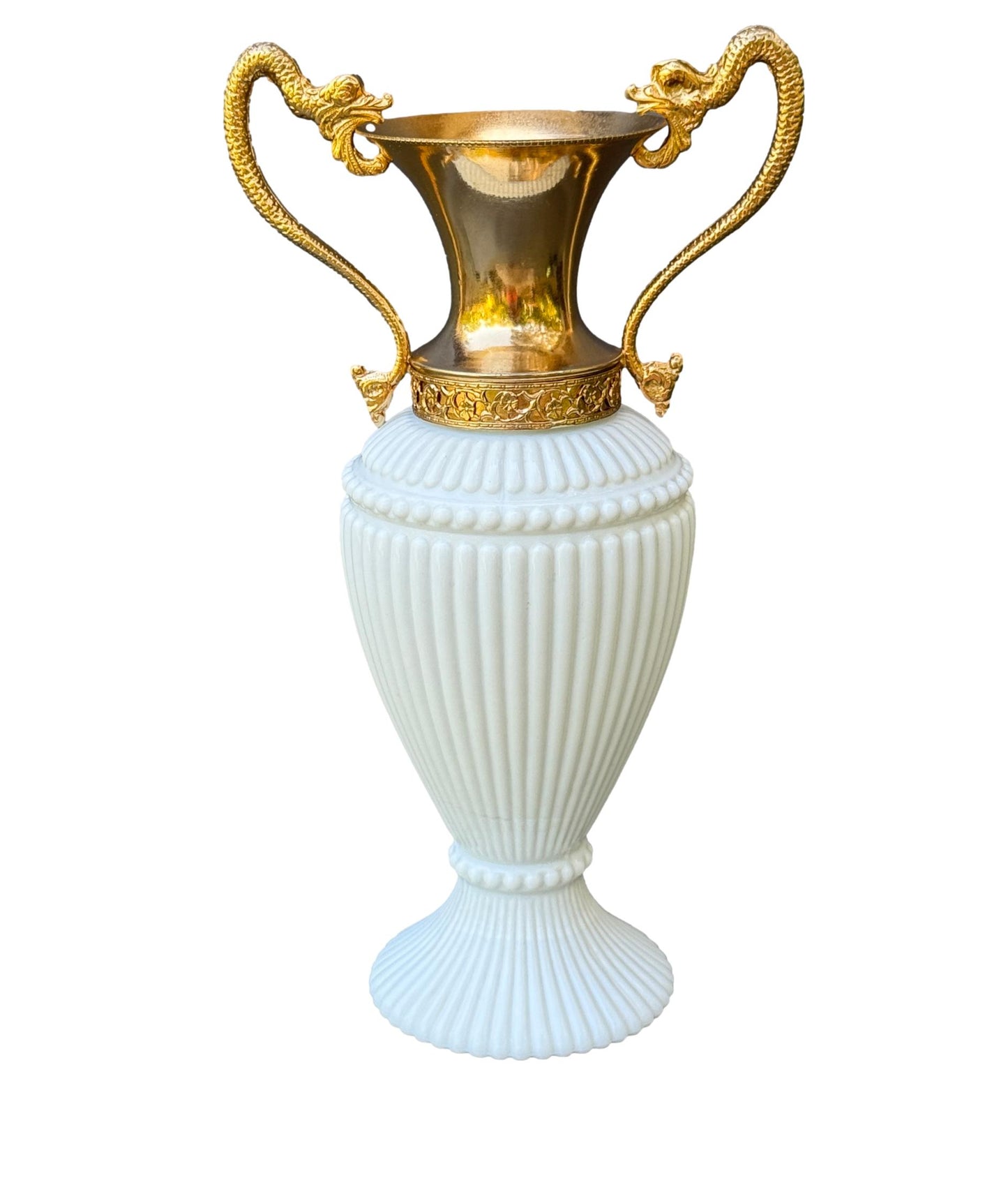 Vintage Empoli White Opaline Vase – Gilt Chimera Handles – 1970s