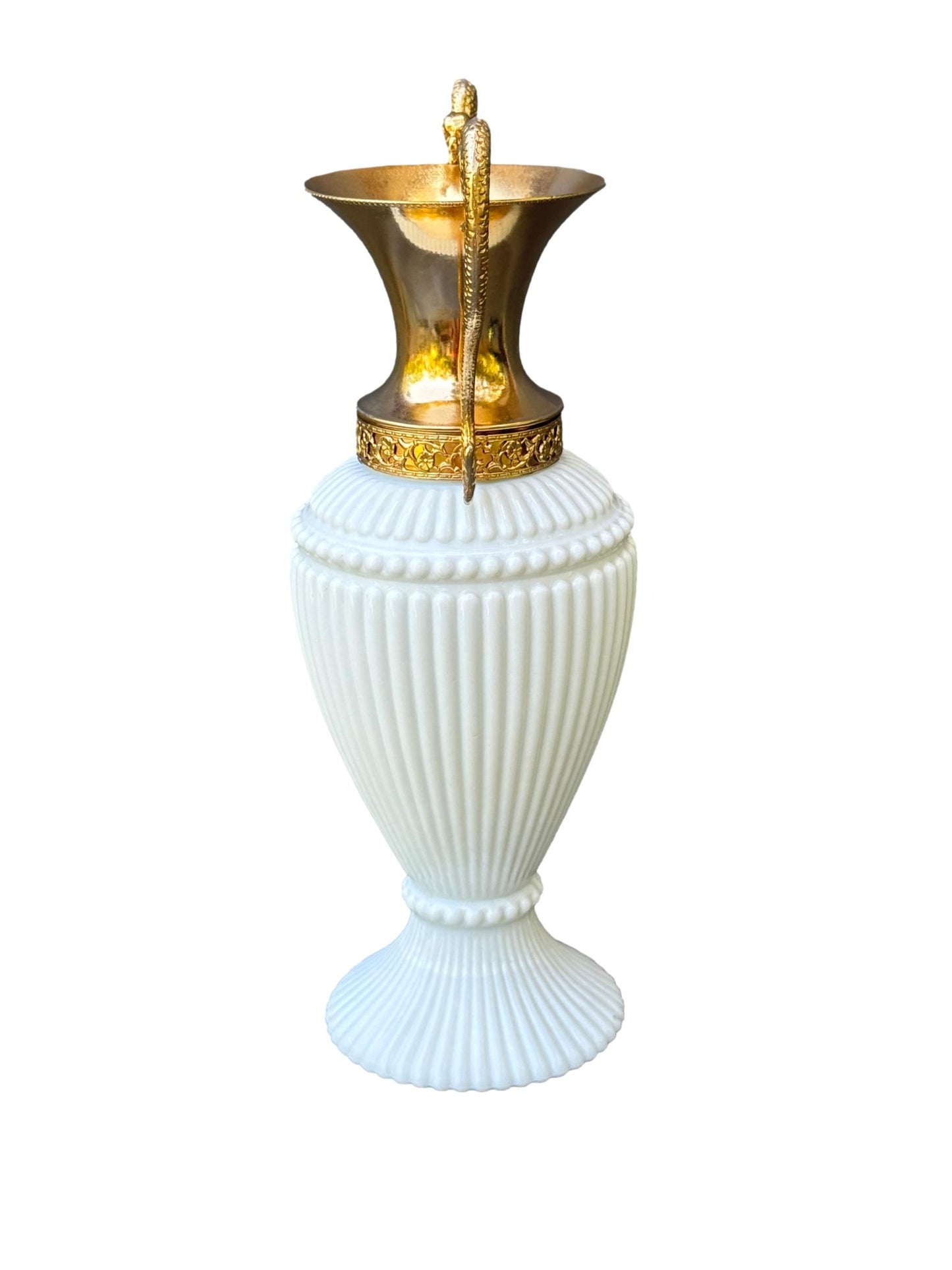 Vintage Empoli White Opaline Vase – Gilt Chimera Handles – 1970s