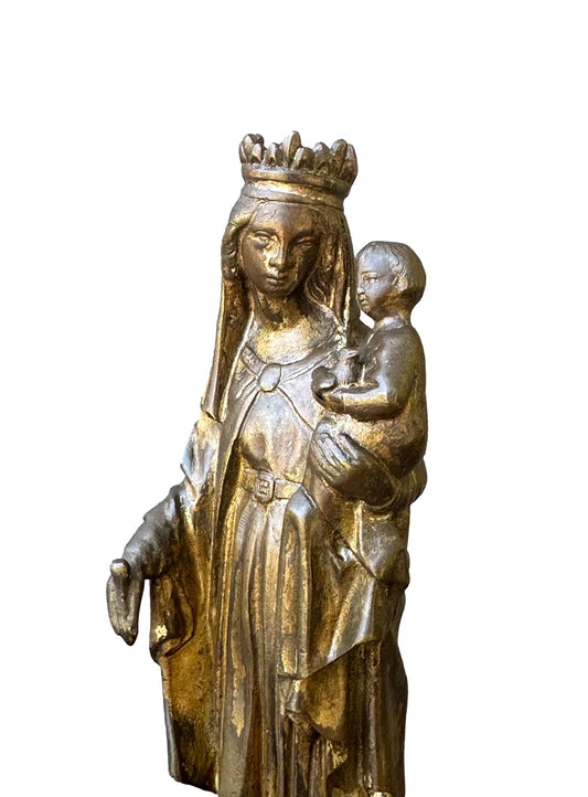 Antique French statue of the Virgin Mary holding baby Jesus in soft-toned finish