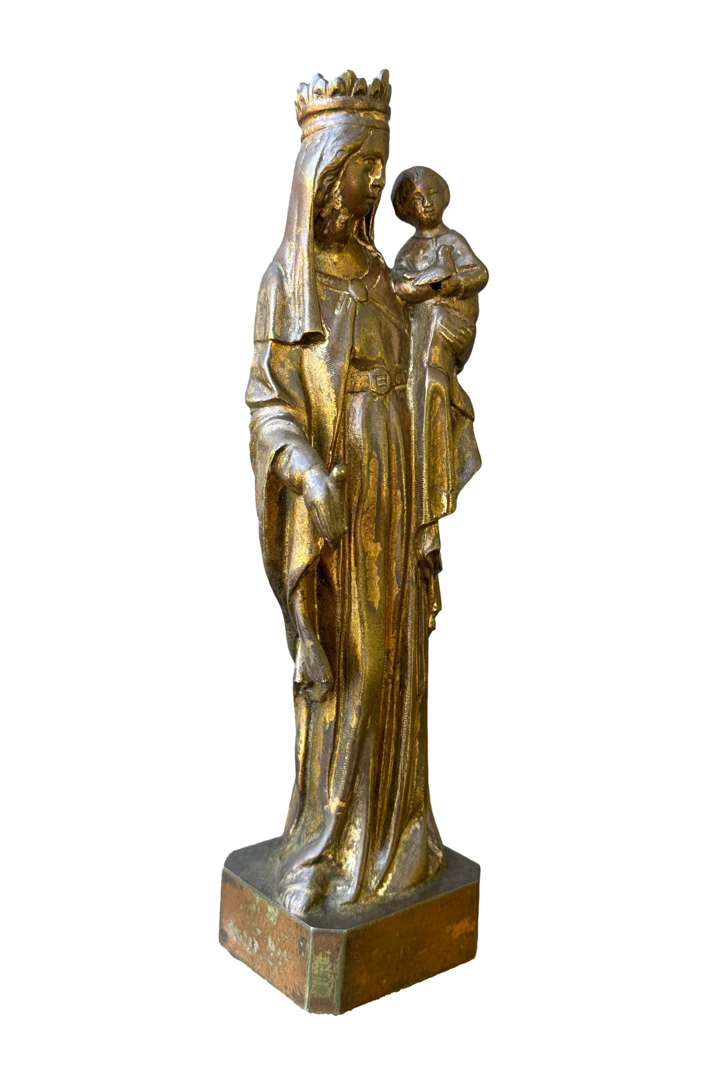 Antique French Virgin Mary and Child Crowned, Gilded Bronze