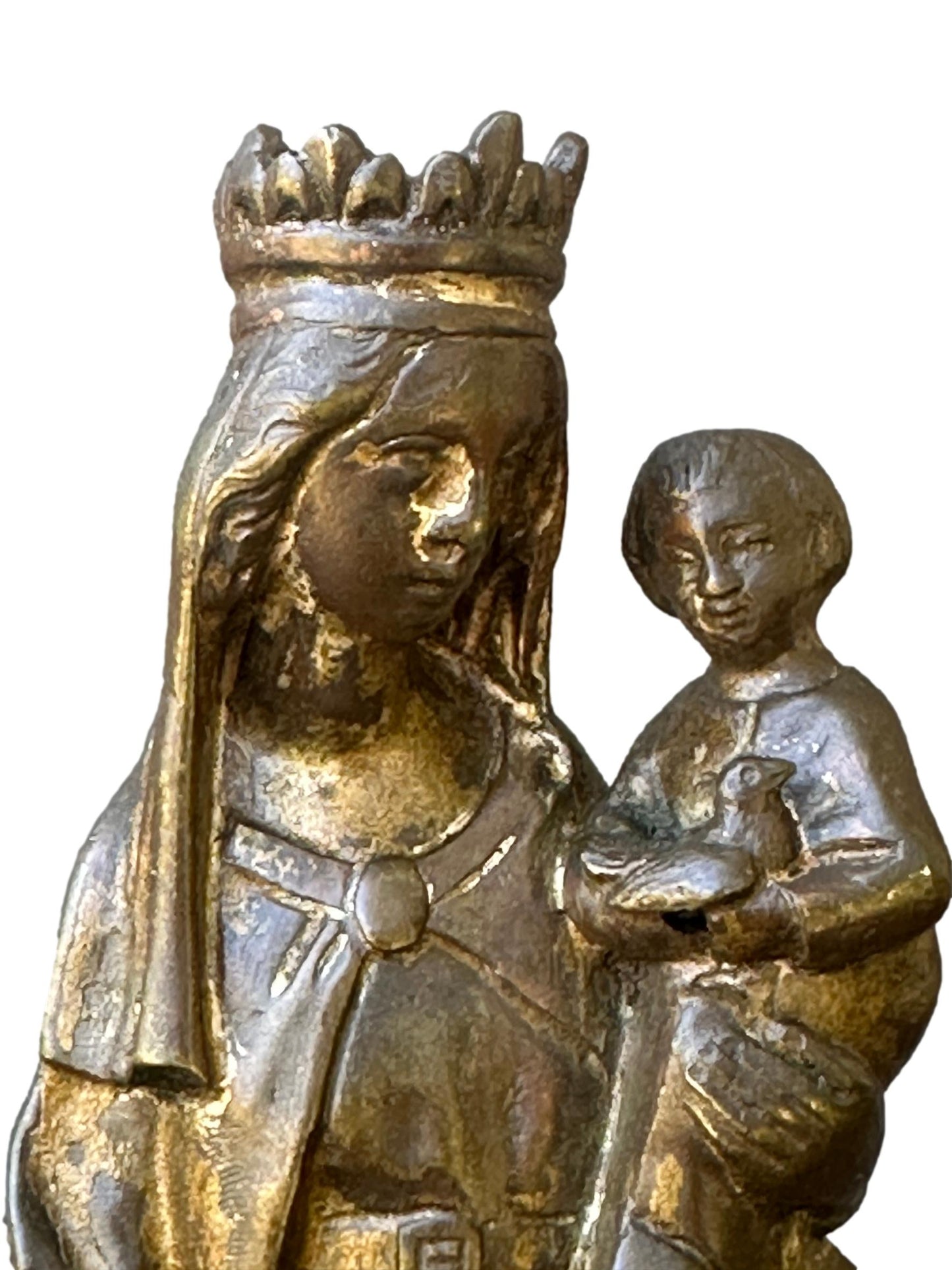 Antique French Virgin Mary and Child Crowned, Gilded Bronze