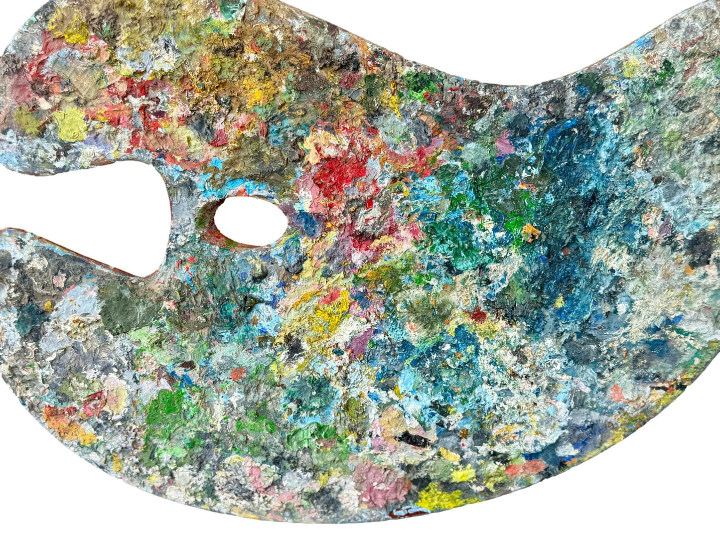 Colorful 1950s French artist palette with thick oil paint, curved wooden vintage painting tool for wall display or studio decor