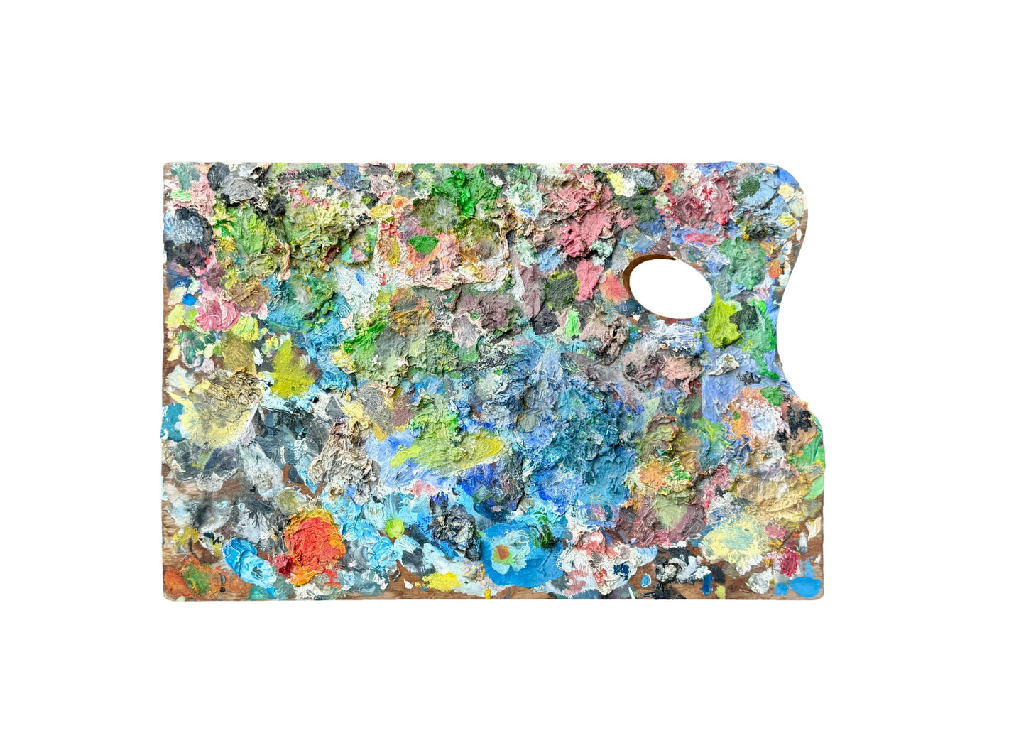 French 1940s wooden artist palette with thick multicolored oil paint, vintage studio wall decor for art lovers and collectors