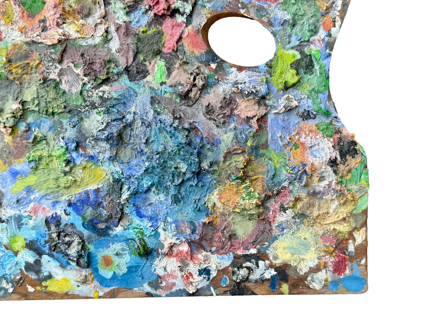 French 1940s wooden artist palette with thick multicolored oil paint, vintage studio wall decor for art lovers and collectors