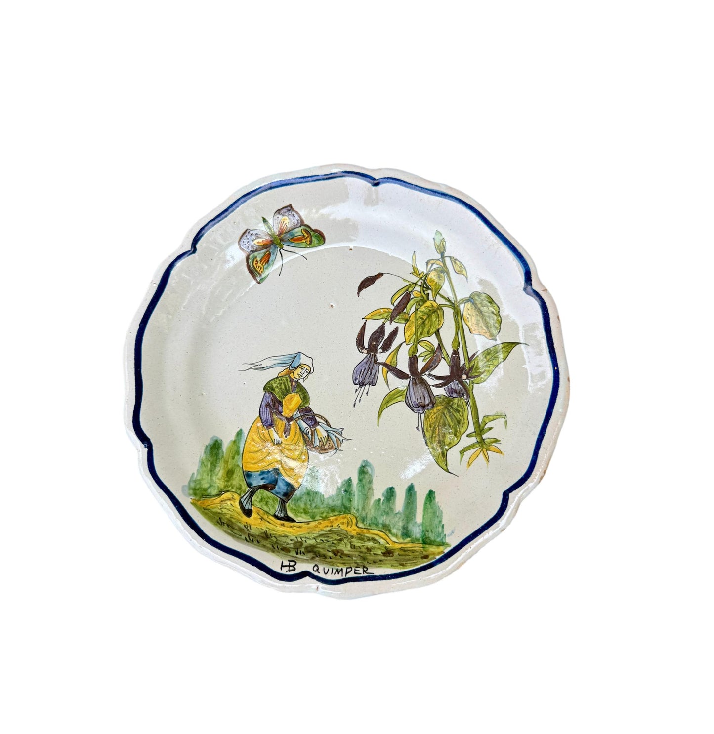 Antique HB Quimper faience plate with hand-painted Breton woman, butterfly, and flowers – 19th century French collectible