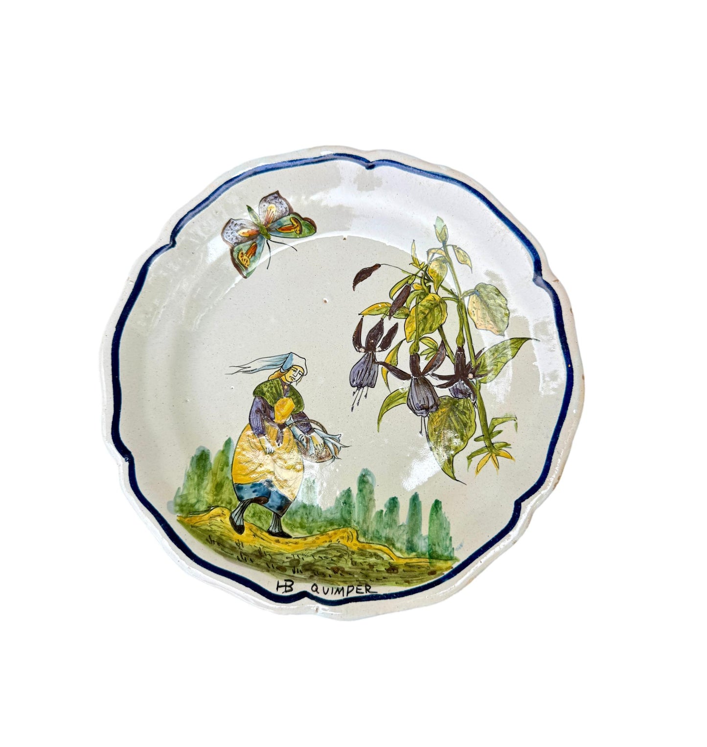 Antique HB Quimper faience plate with hand-painted Breton woman, butterfly, and flowers – 19th century French collectible