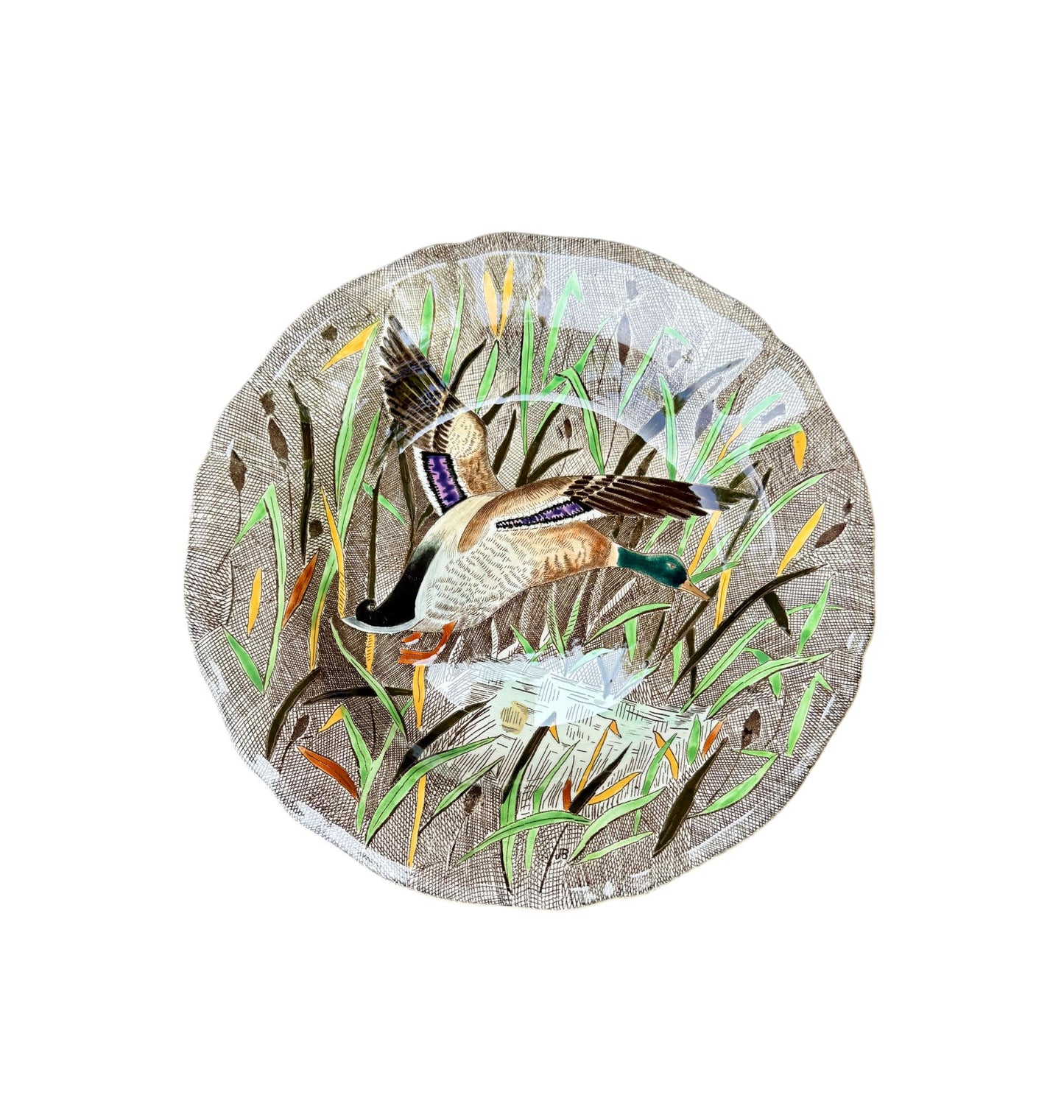 Vintage French Gien Rambouillet deep plate with hand-painted flying mallard duck over marsh scene