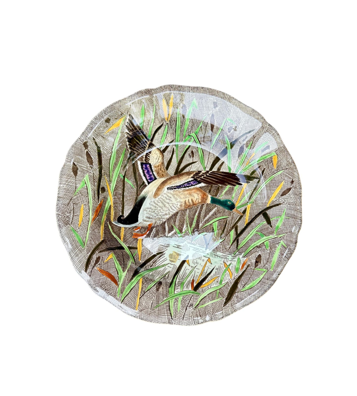 Vintage French Gien Rambouillet deep plate with hand-painted flying mallard duck over marsh scene