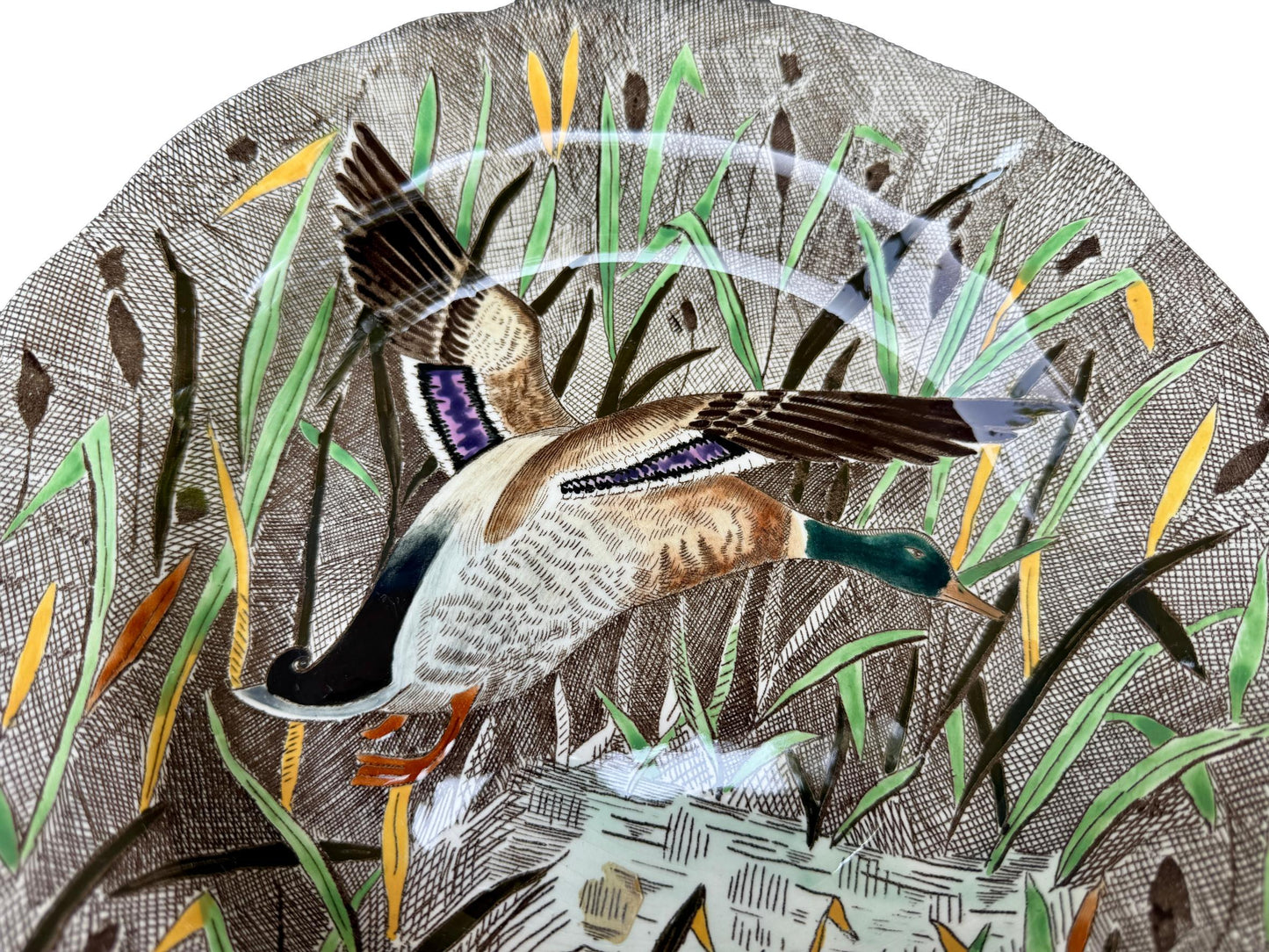 Vintage French Gien Rambouillet deep plate with hand-painted flying mallard duck over marsh scene