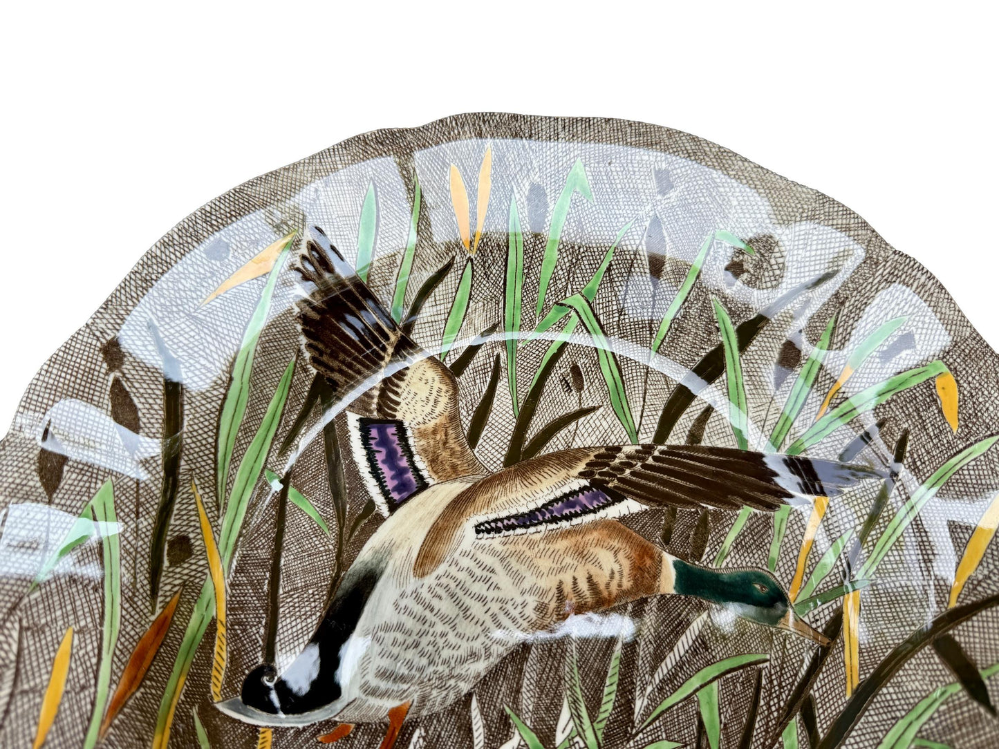 Vintage French Gien Rambouillet deep plate with hand-painted flying mallard duck over marsh scene