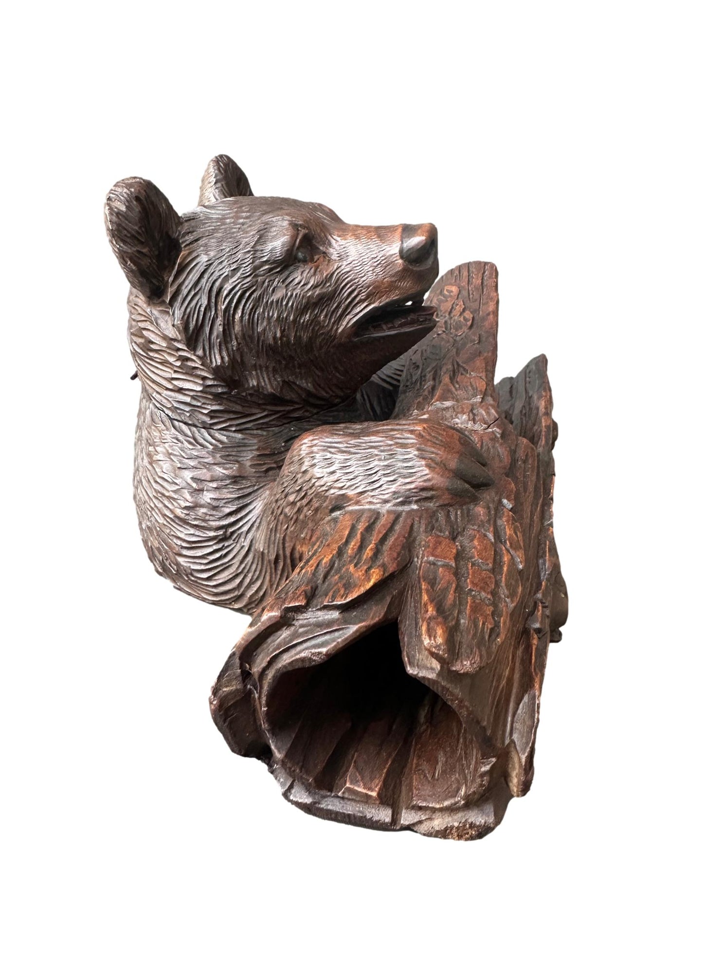 French Antique Black Forest Bear Inkwell, Hand Carved Wood
