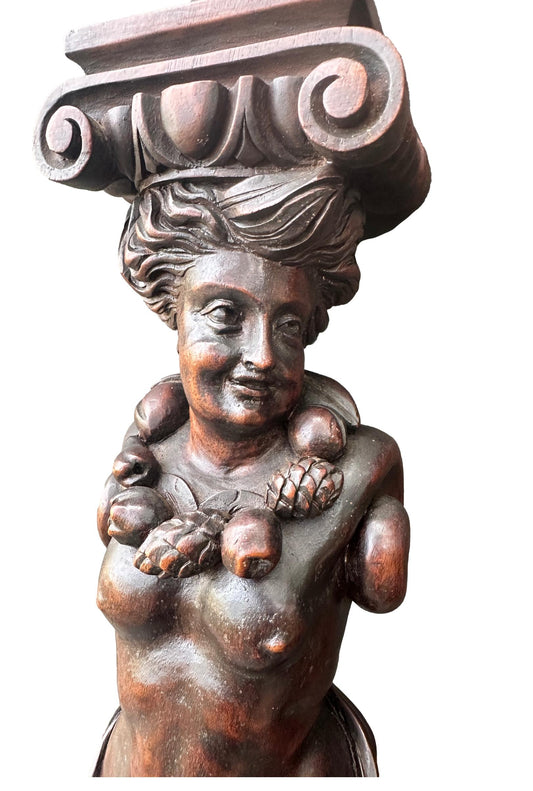 Rare pair of antique French wooden pilasters with intricate carving and aged patina