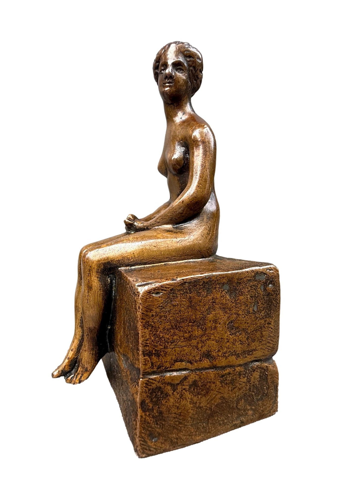 Bronze sculpture of a seated nude woman by Ary Bitter, Art Deco style with warm medal patina, signed on the back