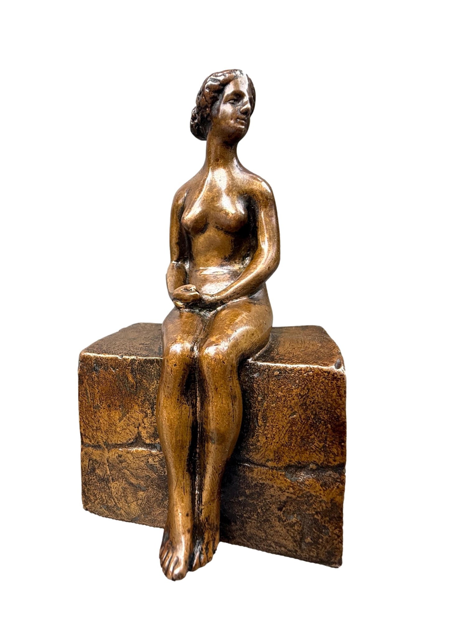 Bronze sculpture of a seated nude woman by Ary Bitter, Art Deco style with warm medal patina, signed on the back