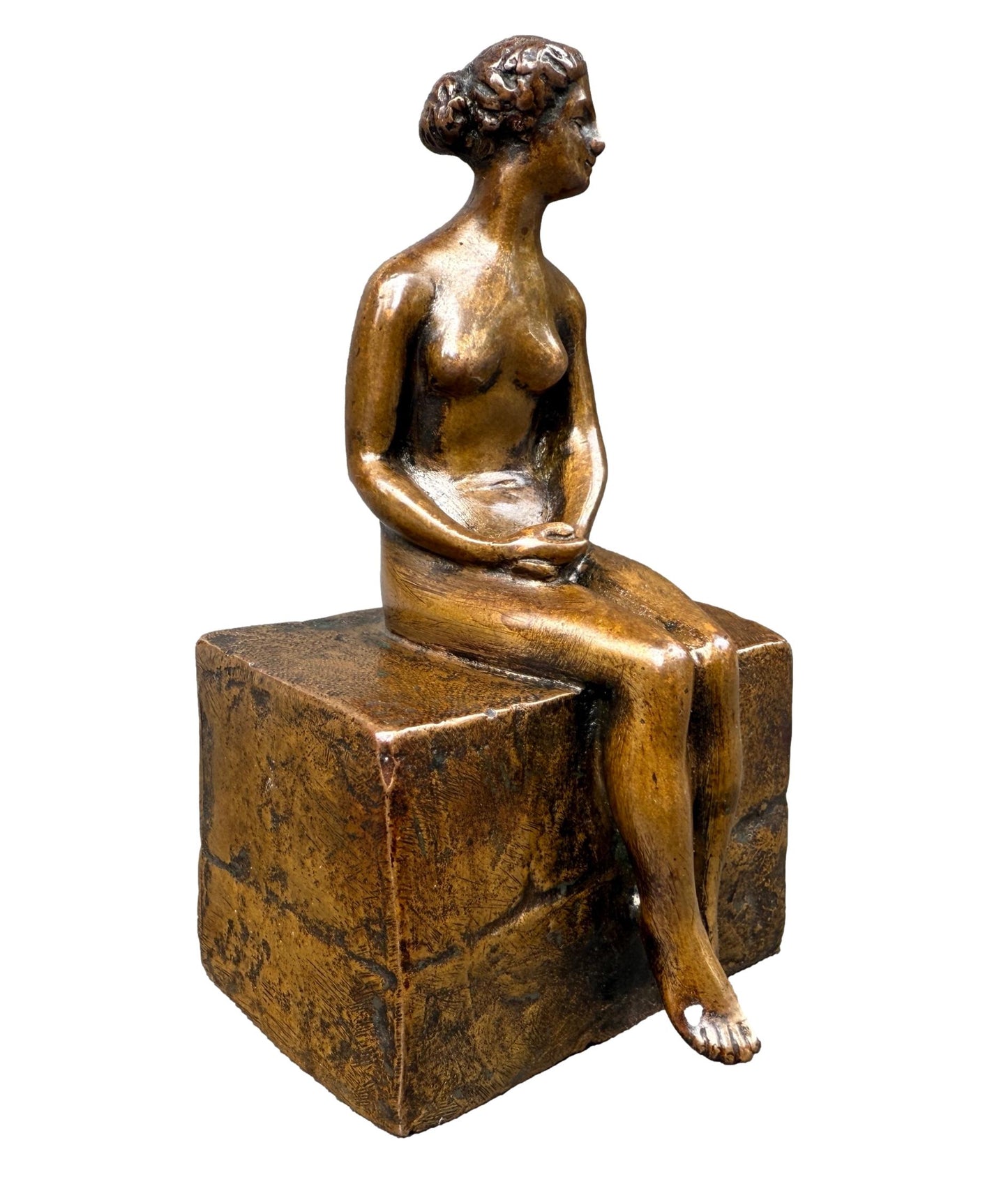 Bronze sculpture of a seated nude woman by Ary Bitter, Art Deco style with warm medal patina, signed on the back