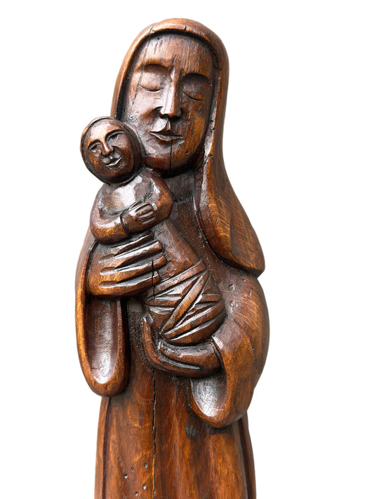 Antique hand-carved oak wood Madonna and Child statue from the 1920s – Vintage Christian sacred art sculpture for religious home decor