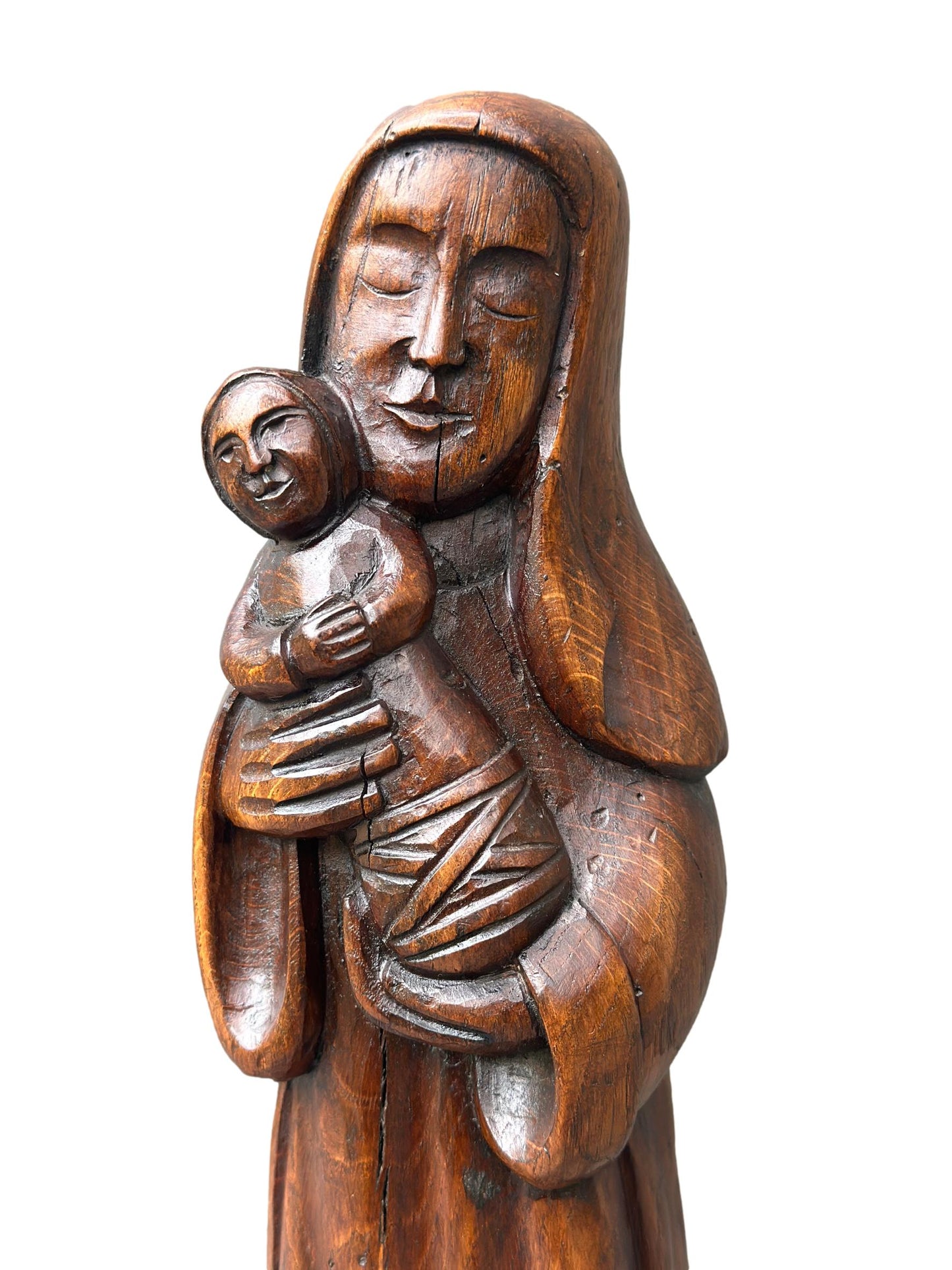Antique hand-carved oak wood Madonna and Child statue from the 1920s – Vintage Christian sacred art sculpture for religious home decor
