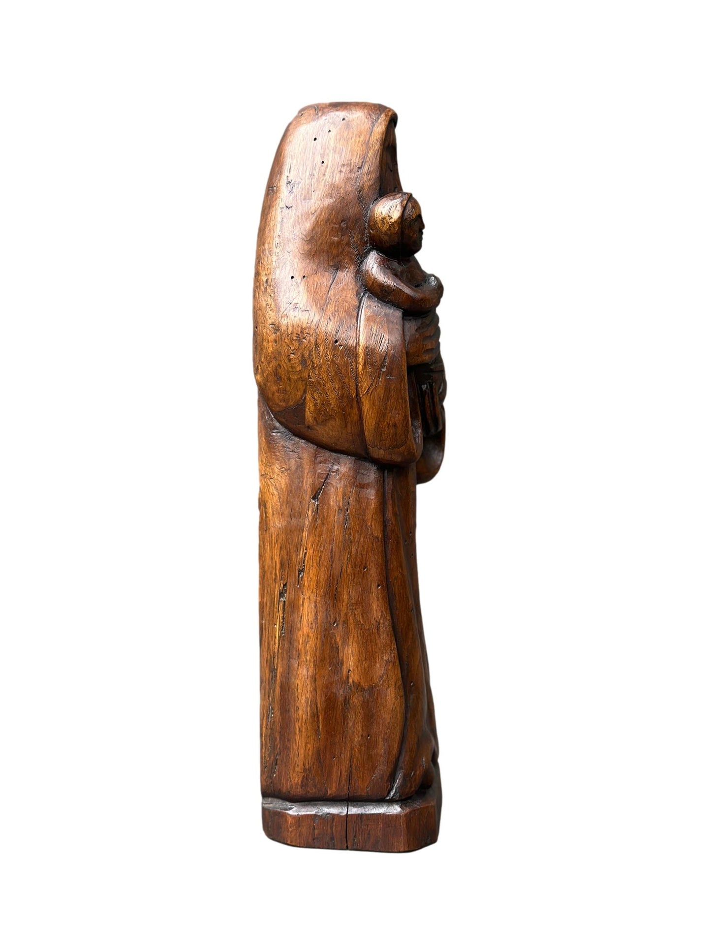 Antique hand-carved oak wood Madonna and Child statue from the 1920s – Vintage Christian sacred art sculpture for religious home decor