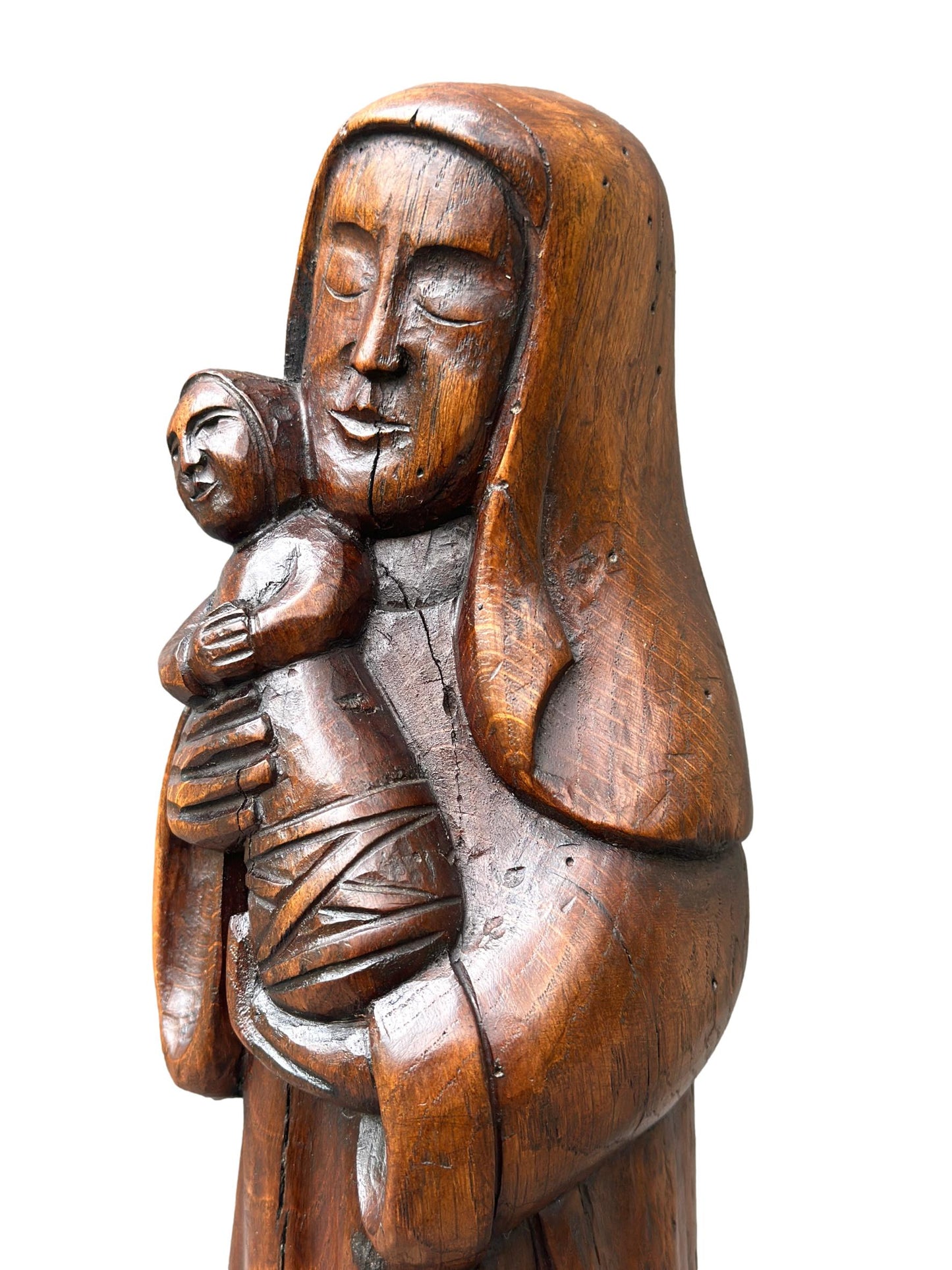 Vintage Oak Madonna and Child Statue – 1920s Sacred Art