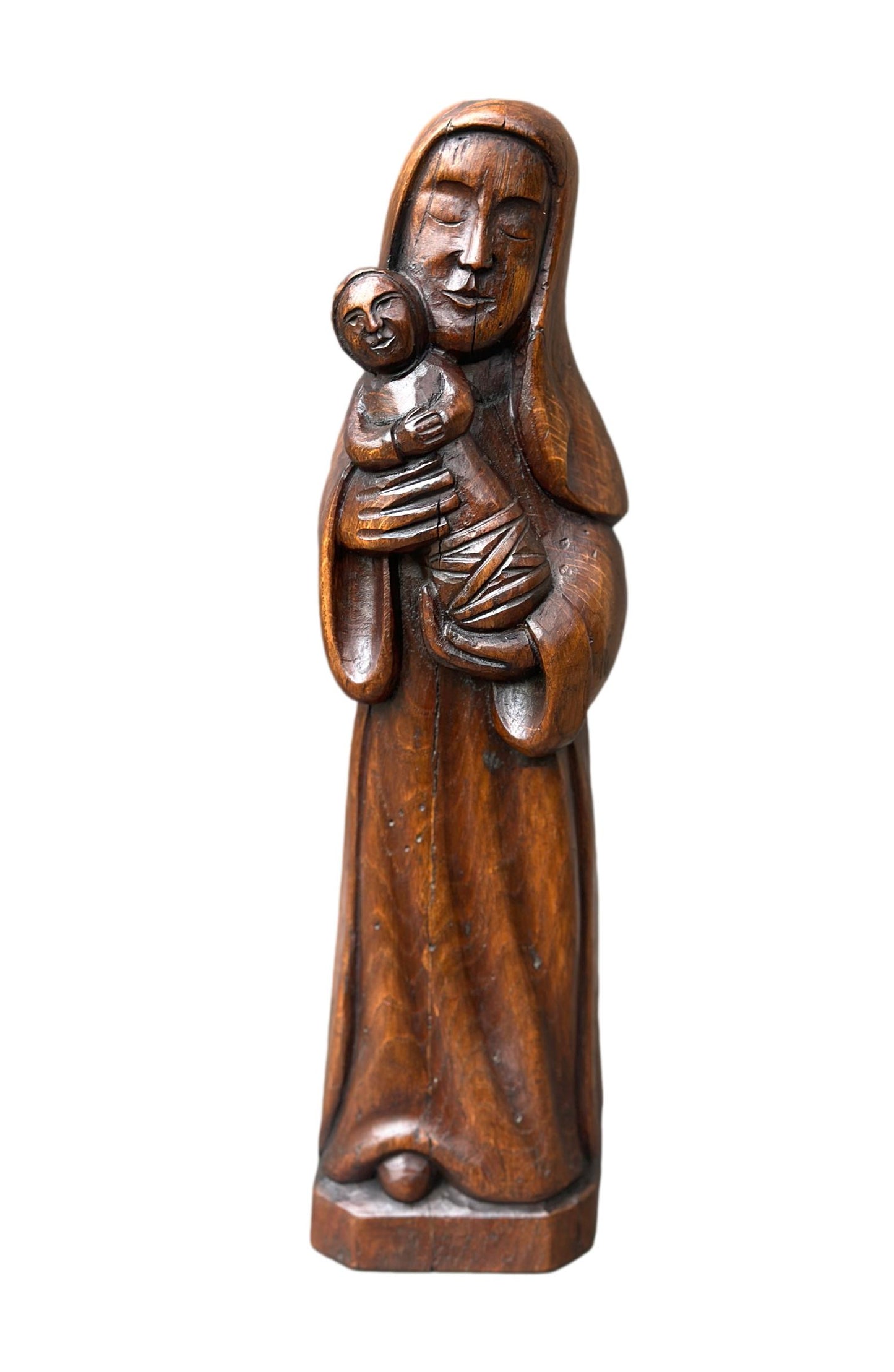 Vintage Oak Madonna and Child Statue – 1920s Sacred Art