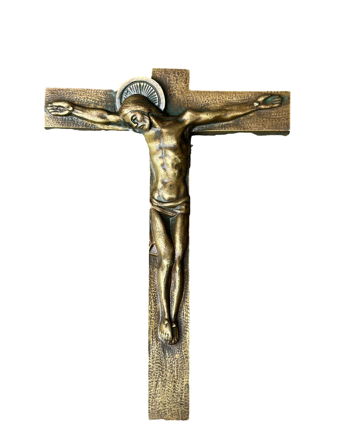 French Antique Art Deco bronze wall cross by Hartmann – Vintage crucifix for Christian home decor and sacred art collections
