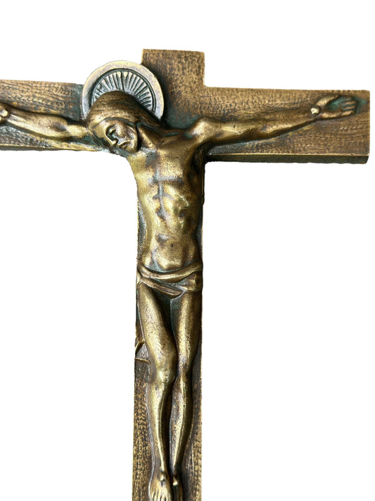 French Antique Art Deco bronze wall cross by Hartmann – Vintage crucifix for Christian home decor and sacred art collections