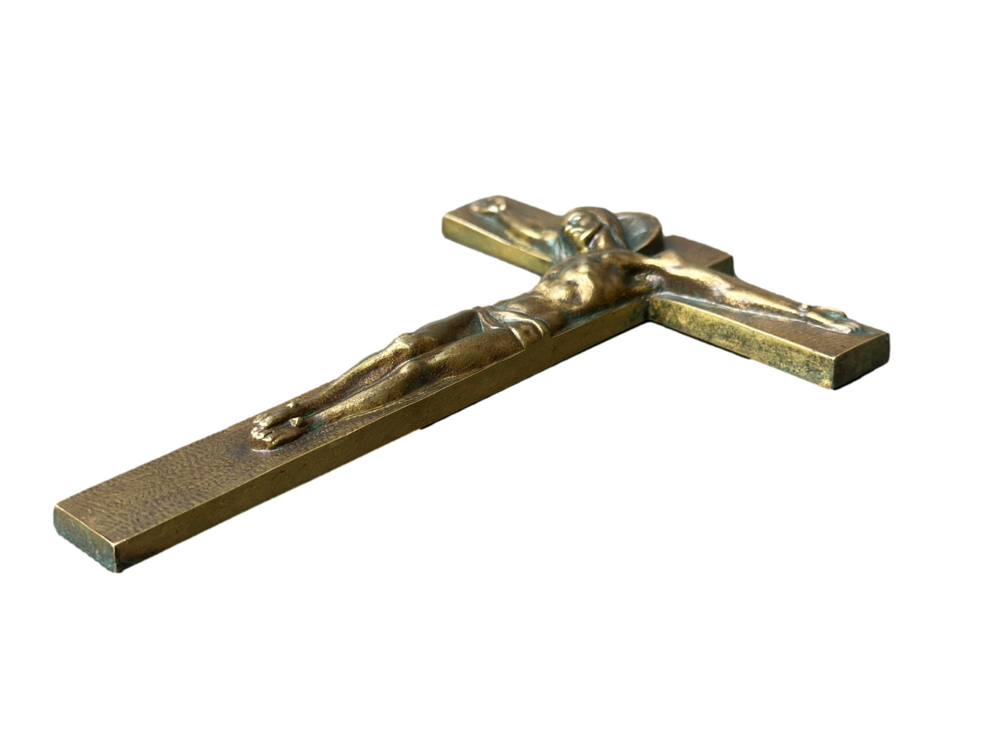 French Antique Art Deco bronze wall cross by Hartmann – Vintage crucifix for Christian home decor and sacred art collections