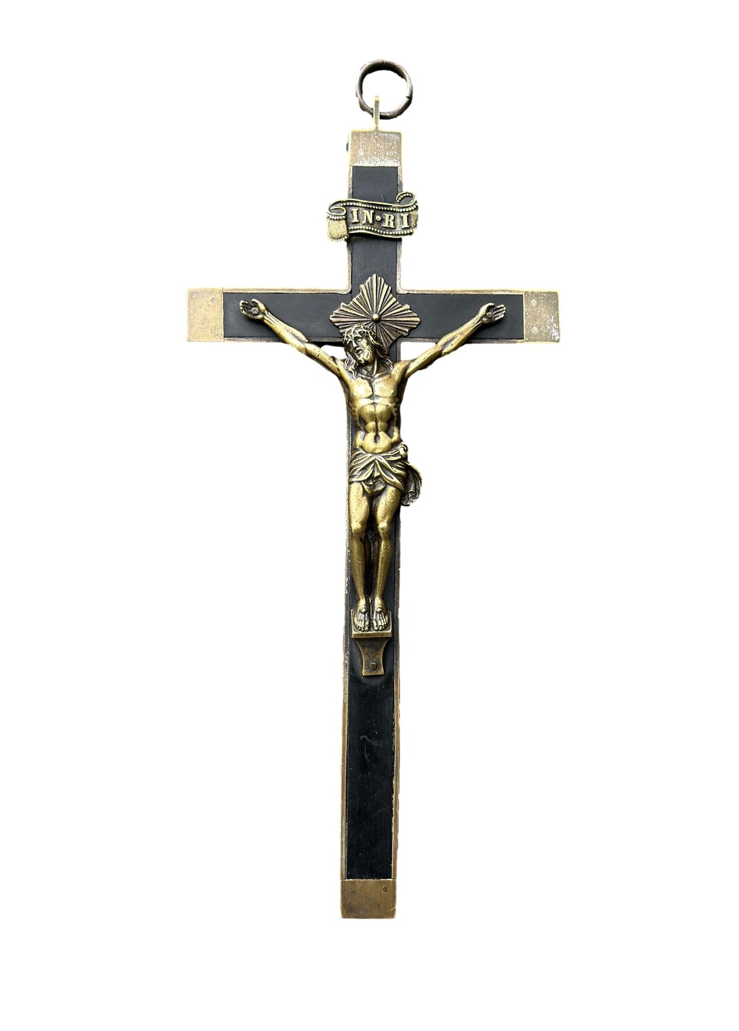 French antique crucifix cross – Large bronze and ebony wood sculpture, perfect for Christian religious home decor and Catholic gifts
