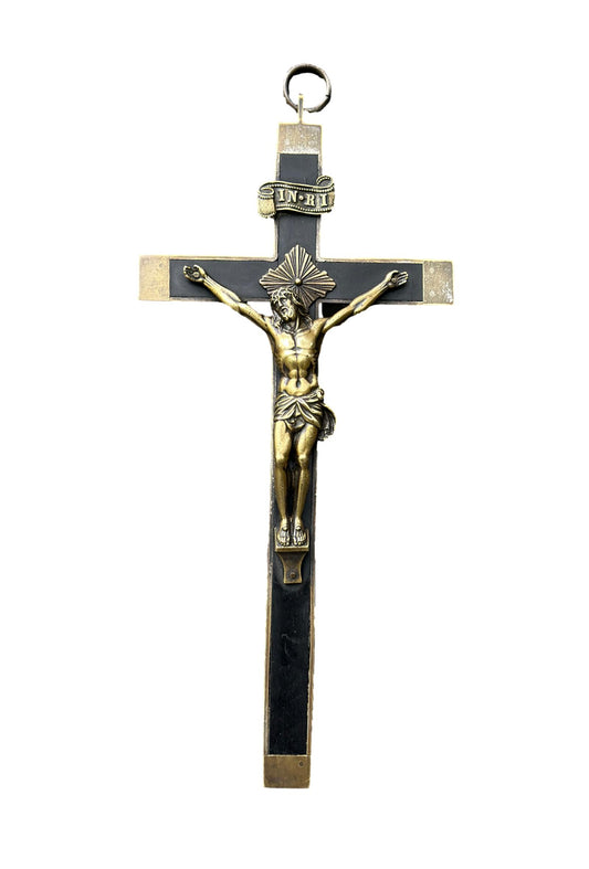 French antique crucifix cross – Large bronze and ebony wood sculpture, perfect for Christian religious home decor and Catholic gifts