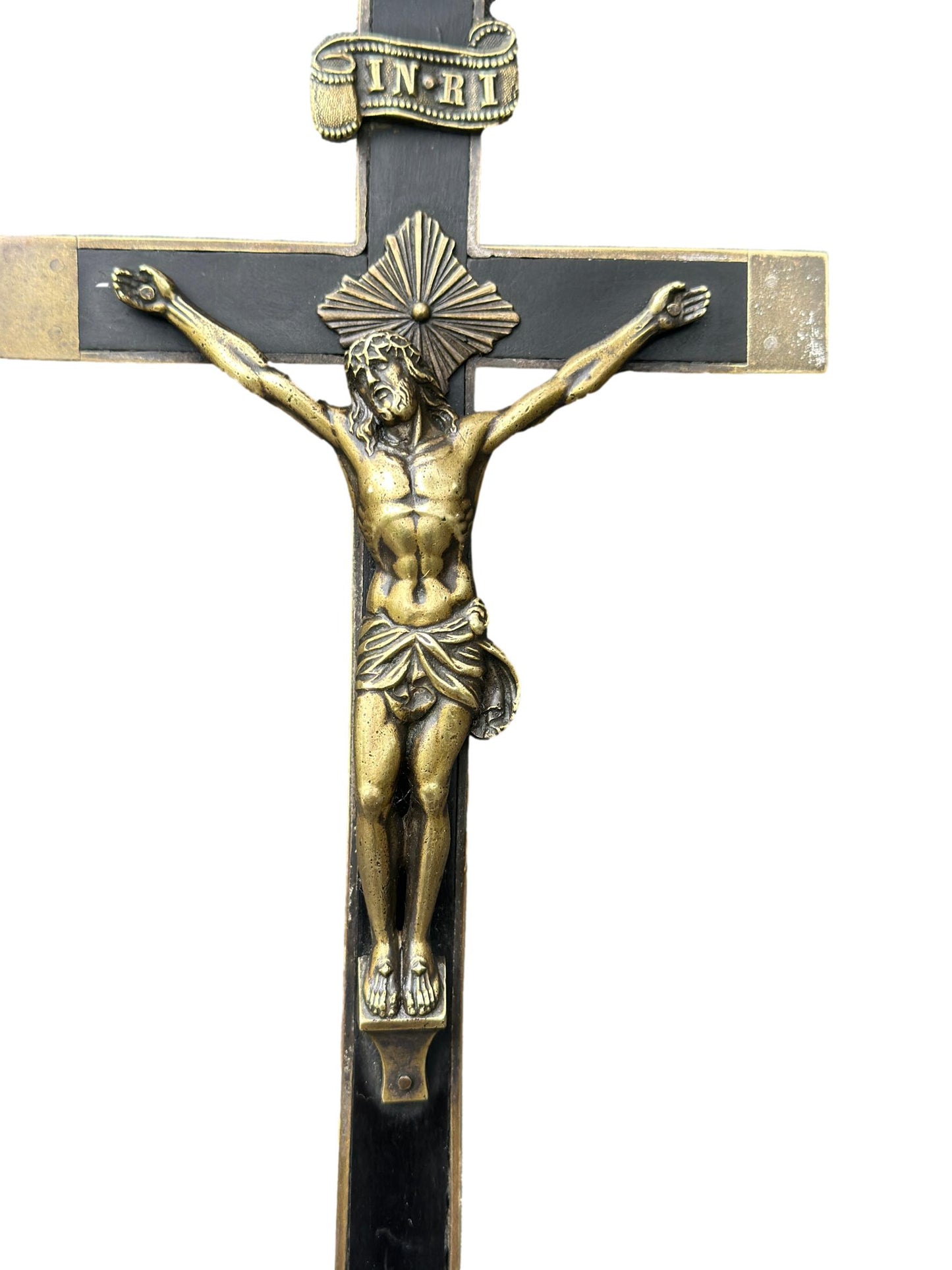 French antique crucifix cross – Large bronze and ebony wood sculpture, perfect for Christian religious home decor and Catholic gifts