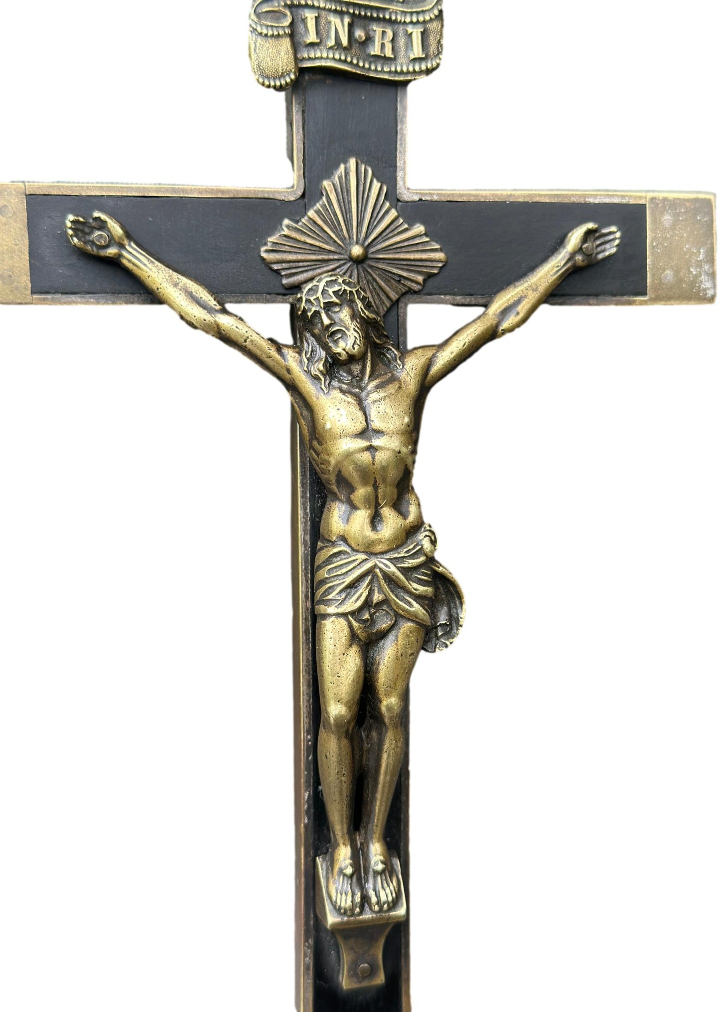 French antique crucifix cross – Large bronze and ebony wood sculpture, perfect for Christian religious home decor and Catholic gifts