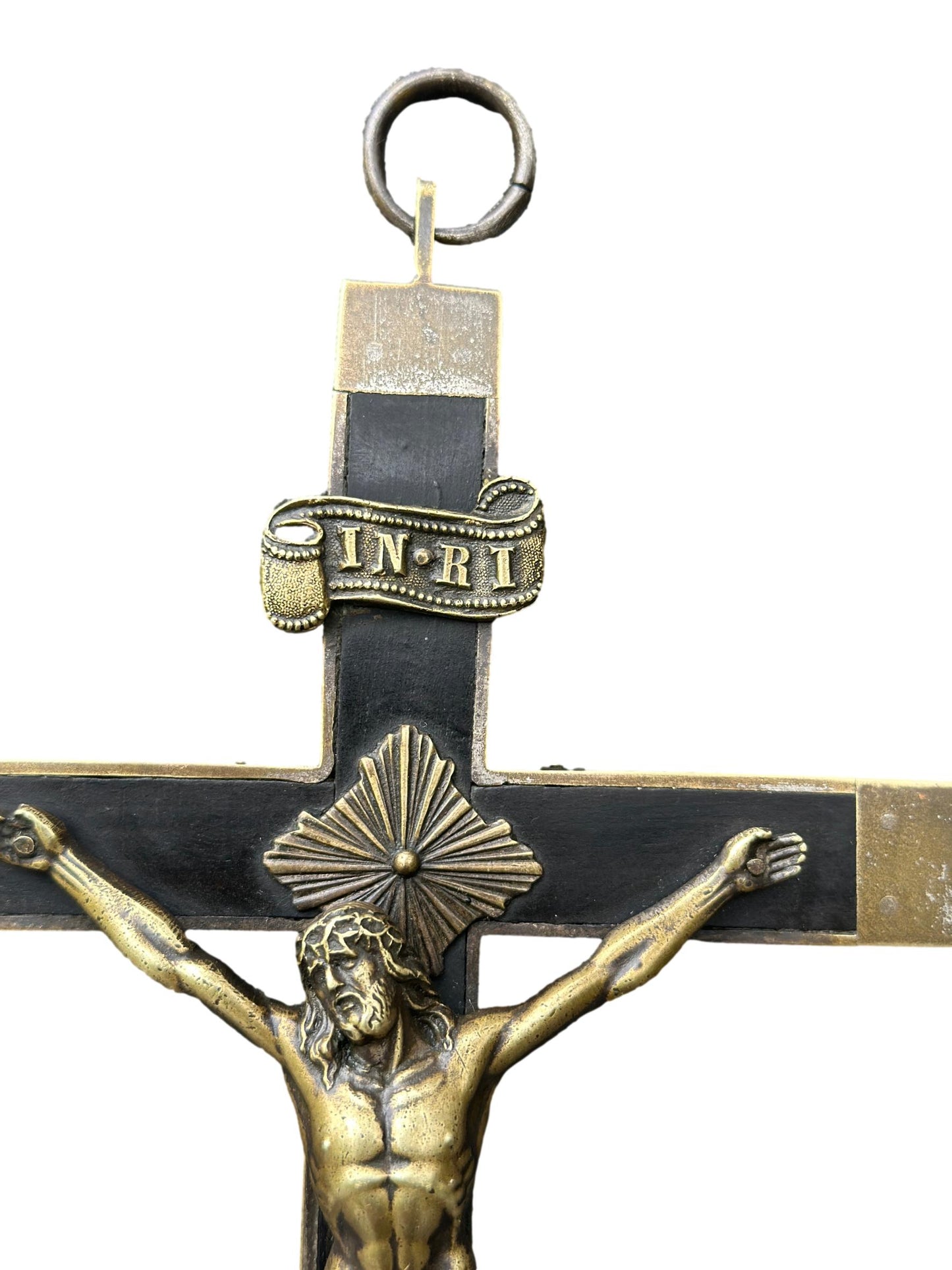 French antique crucifix cross – Large bronze and ebony wood sculpture, perfect for Christian religious home decor and Catholic gifts