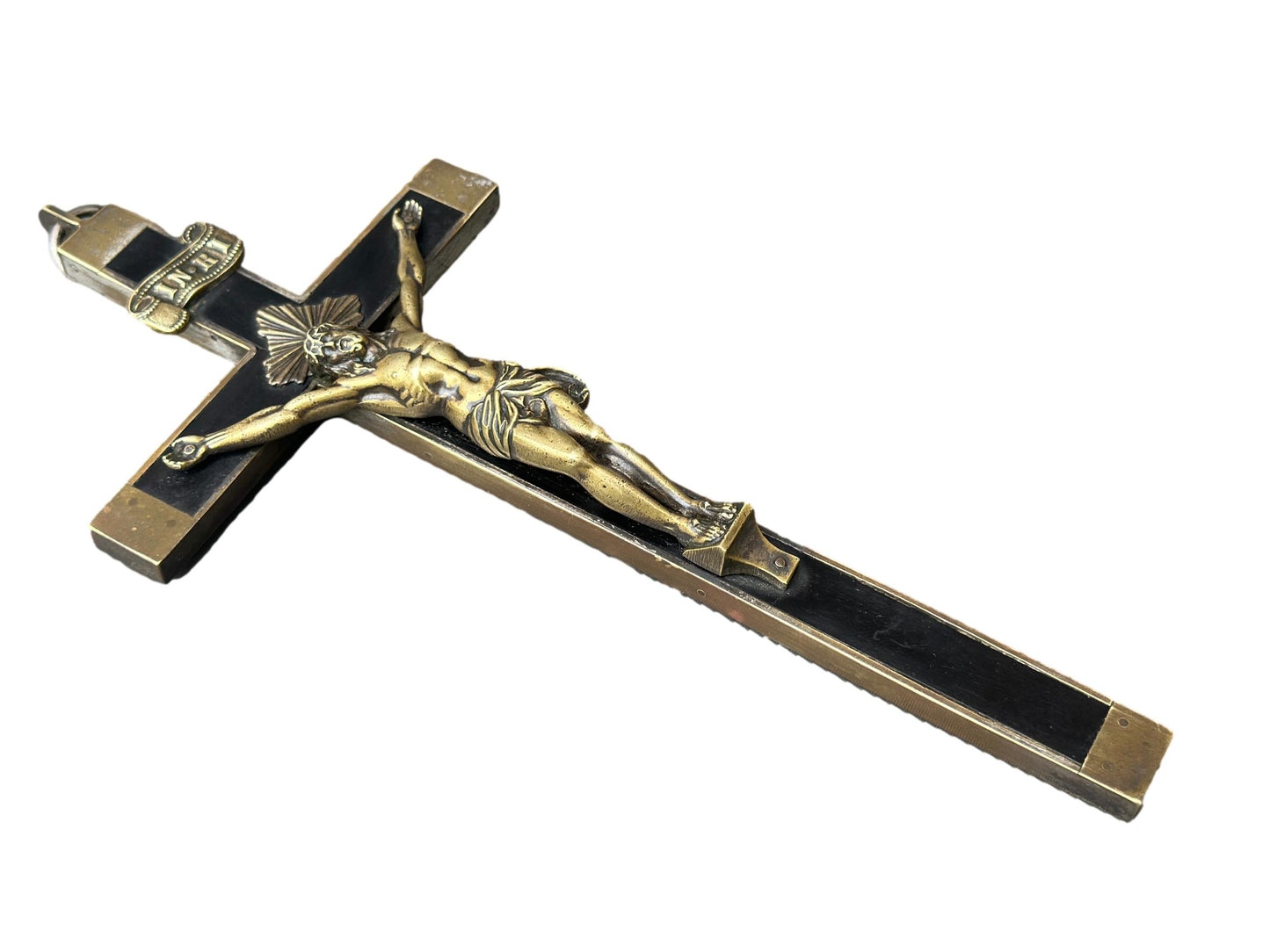 French Antique Crucifix Cross – Large Bronze & Ebony Wood Sculpture Christian Religious Decor