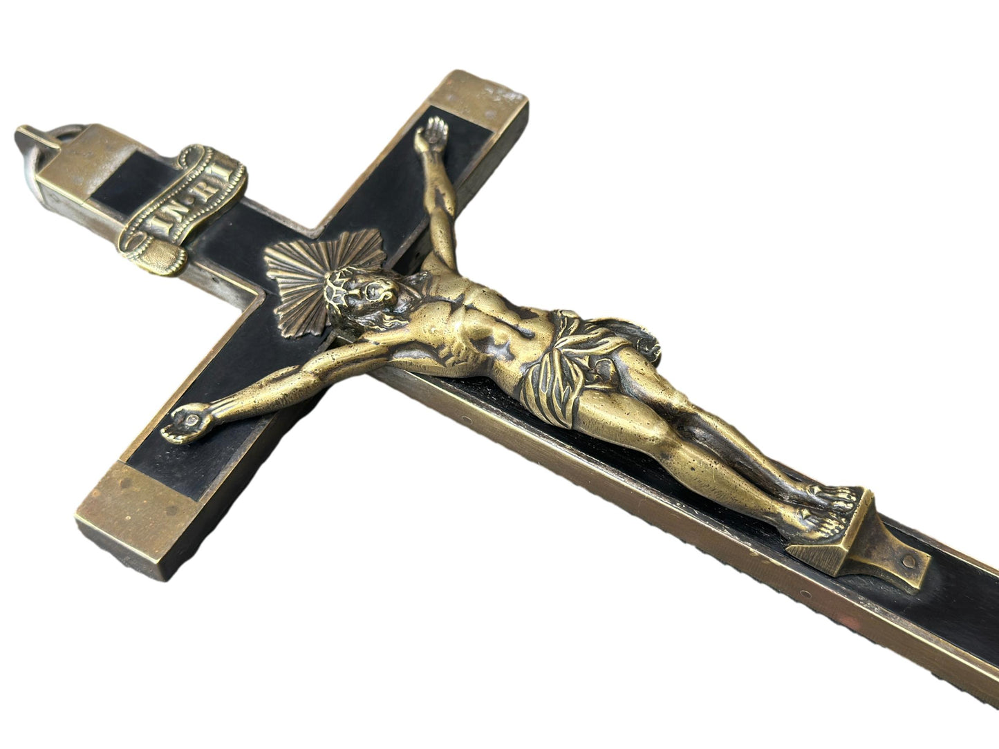 French Antique Crucifix Cross – Large Bronze & Ebony Wood Sculpture Christian Religious Decor