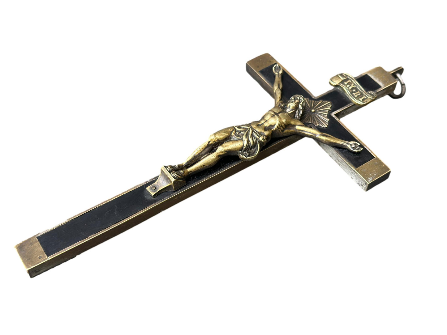 French Antique Crucifix Cross – Large Bronze & Ebony Wood Sculpture Christian Religious Decor