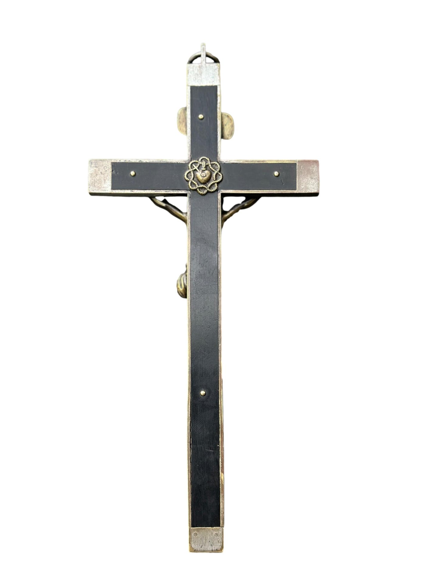 French Antique Crucifix Cross – Large Bronze & Ebony Wood Sculpture Christian Religious Decor