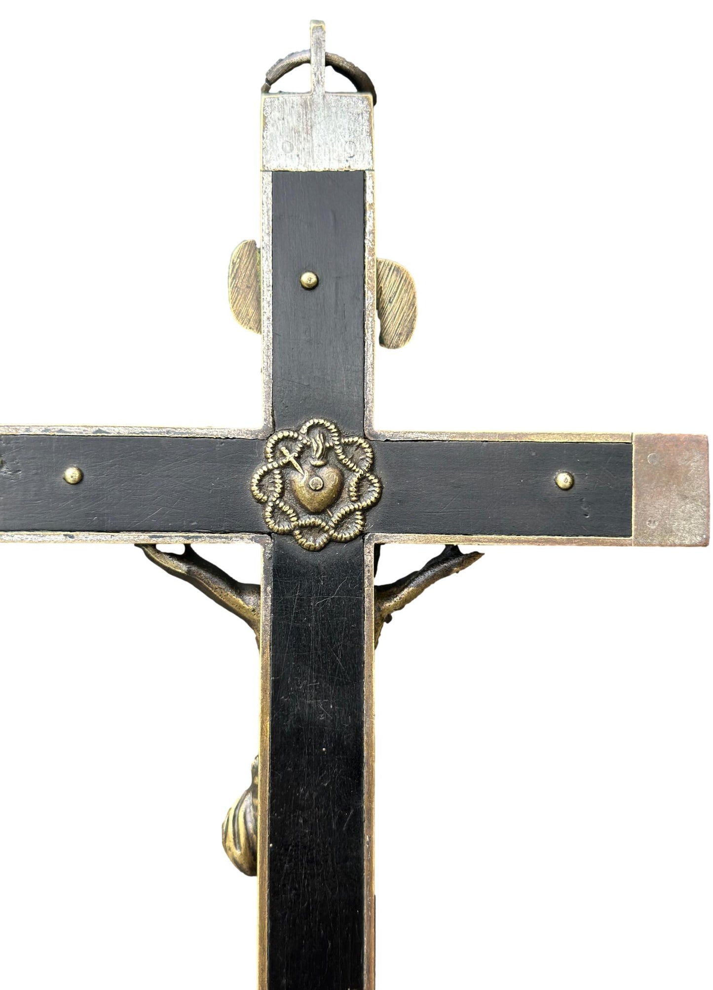 French Antique Crucifix Cross – Large Bronze & Ebony Wood Sculpture Christian Religious Decor
