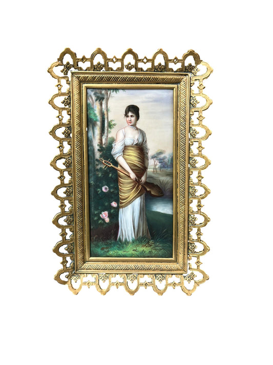 Antique 1900 porcelain plaque painting of young woman musician – Gothic-style bronze frame, fine art decor and gift for her
