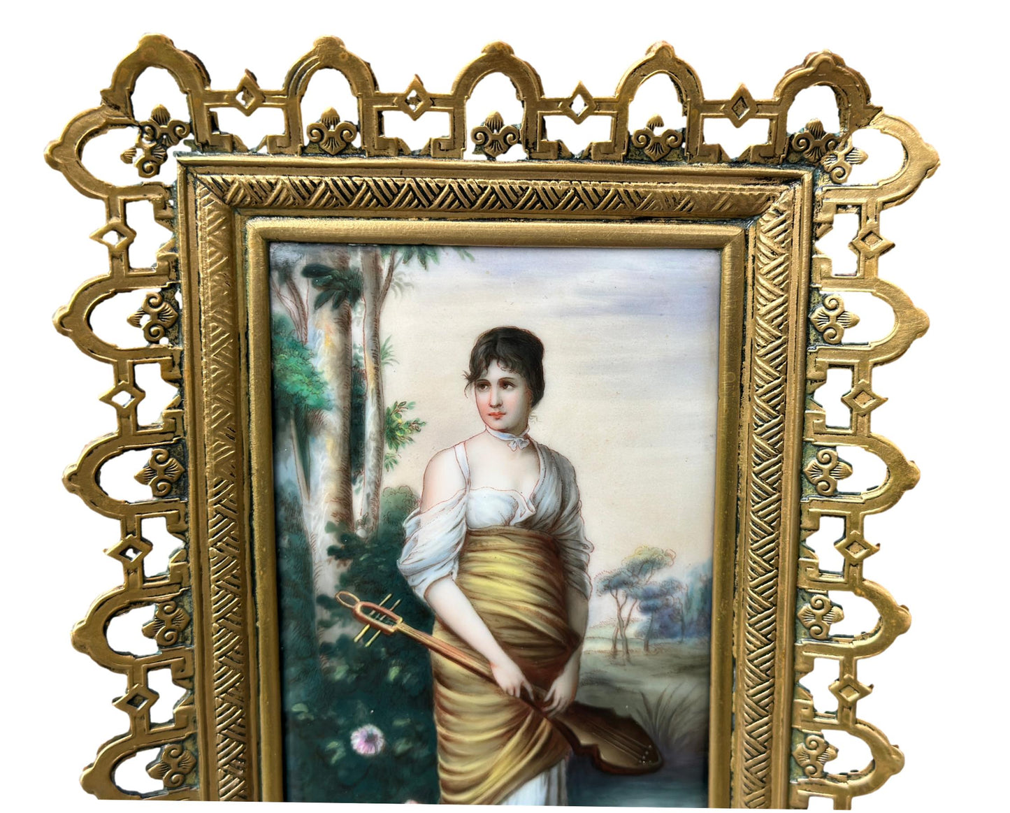 Antique 1900 porcelain plaque painting of young woman musician – Gothic-style bronze frame, fine art decor and gift for her